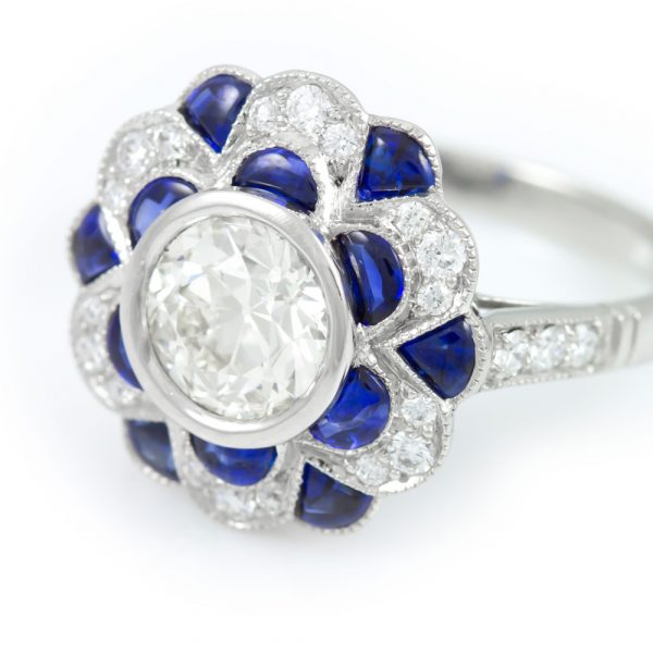 , Diamond Ring with Diamond and Sapphire Halo