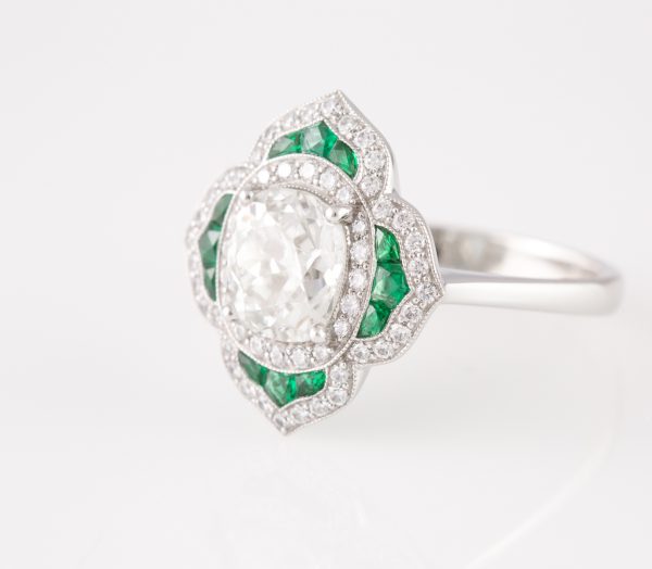 antique cushion diamond ring, 1.76 Antique Cushion Diamond Ring with Emeralds In Platinum