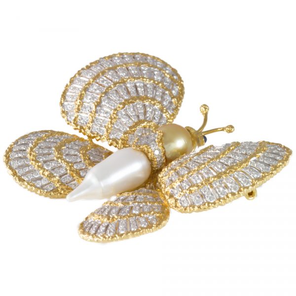 , Pearl Diamond Two Color Gold Butterfly Brooch