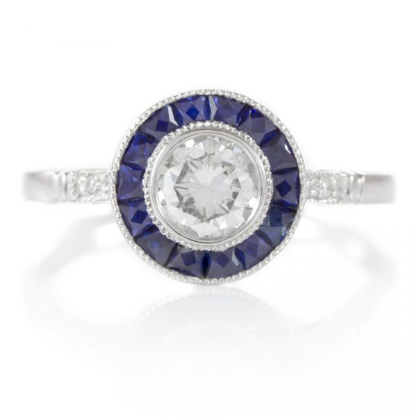 , 0.44 Carat Diamond Engagement Ring with Sapphire Halo