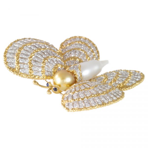 , Pearl Diamond Two Color Gold Butterfly Brooch
