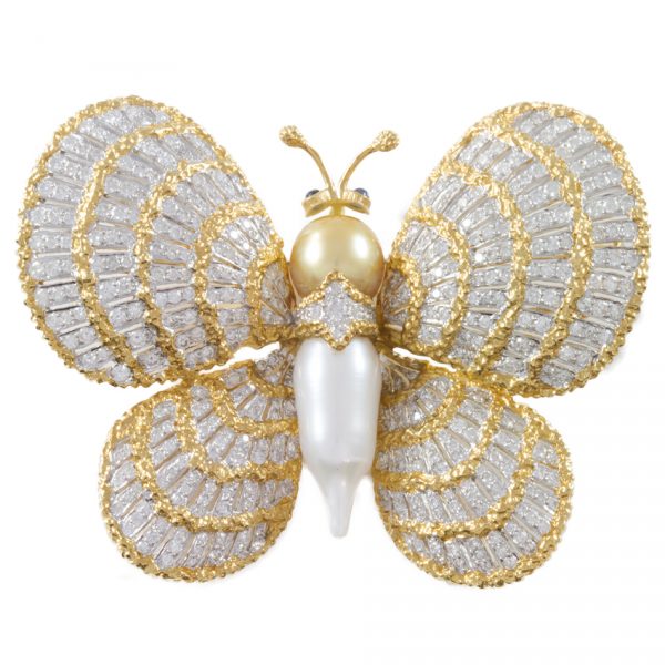, Pearl Diamond Two Color Gold Butterfly Brooch