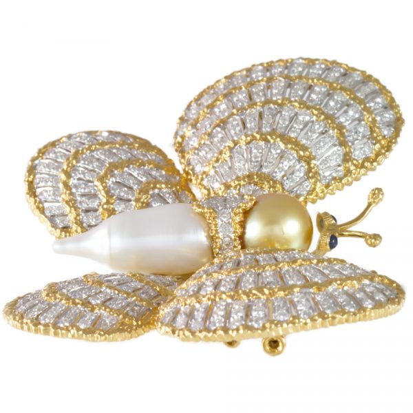 , Pearl Diamond Two Color Gold Butterfly Brooch
