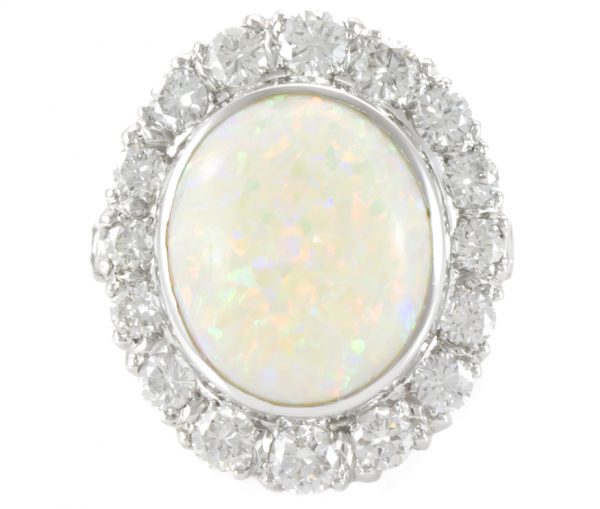 , Cabochon Opal and Diamond Platinum Ring