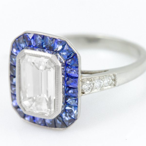 , Emerald Diamond Ring with Sapphire Halo
