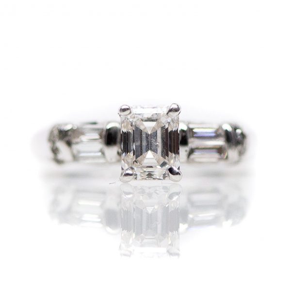 , Vintage Emerald Cut Diamond Engagement Ring 14kt White Gold
