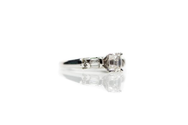 , Vintage Emerald Cut Diamond Engagement Ring 14kt White Gold