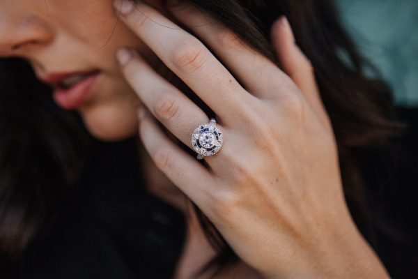 , Custom Diamond Engagement Ring set in a Platinum, Sapphire and Diamond Mounting