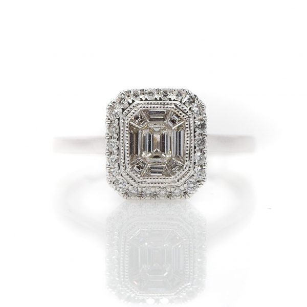 , Art Deco Engagement Ring 0.20 emerald 0.26 baguette 0.16 round