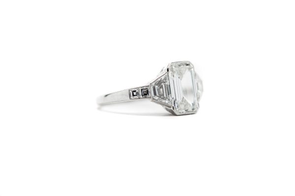 , Platinum Emerald Cut Diamond Engagement Ring with Trapezoid Side Stones