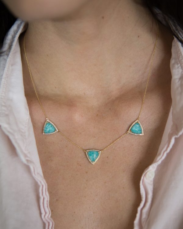 , 16-18&#8243; Adjustable Yellow Gold Necklace; Stones are Triangular Shaped Clear Quartz Over Amazonite with Diamonds around each Triangle