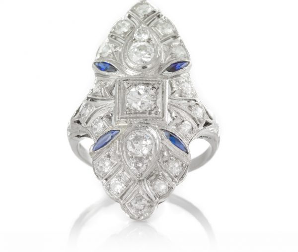 , 0.75CTTW Diamond and .20CTTW Sapphire Art Deco Platinum Ring