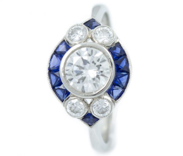 , 0.67CT Round Brilliant Diamond Engagement Ring with Diamonds and Sapphires