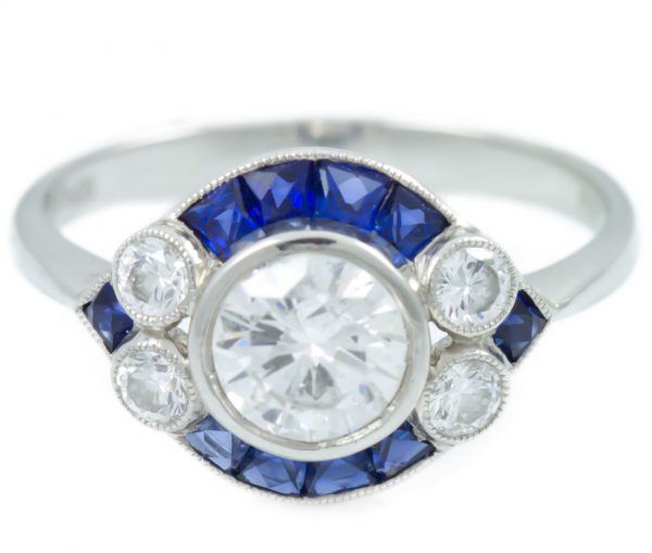 , 0.67CT Round Brilliant Diamond Engagement Ring with Diamonds and Sapphires