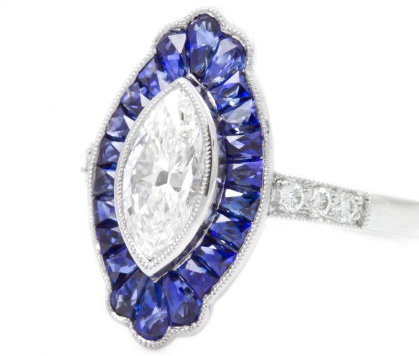 , 0.87CT Marquise Diamond with Sapphire Halo in Platinum