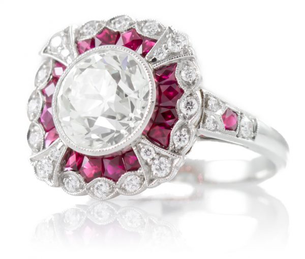 , Platinum Diamond Ring with Ruby Halo