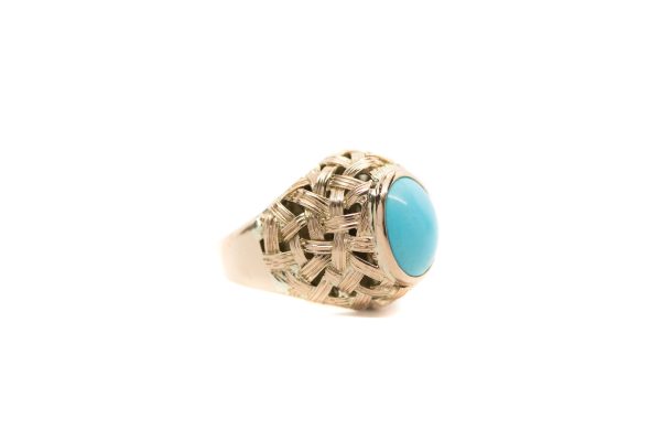 , Basket Weave Gold Circa 1940 Turquoise Ring