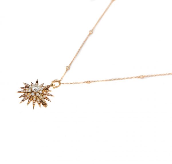 , Circa 1850 Seed Pearl + Diamond Pin/Pendant Necklace