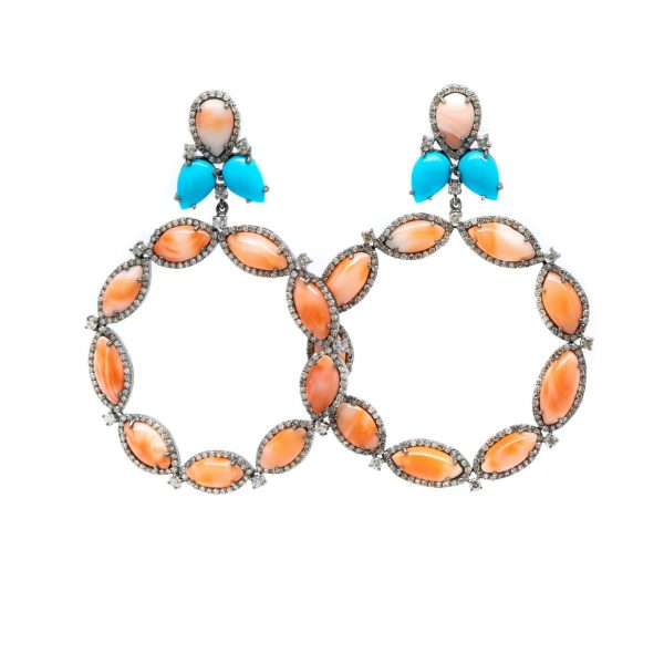 , Coral Turquoise + Diamond Earrings