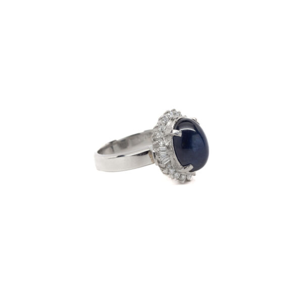 , 7.54 CT Cabochon Blue Sapphire + Diamond Ring