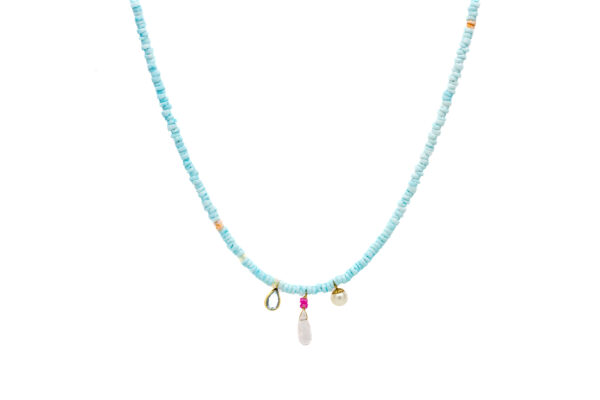 , Custom Made Blue Shell Necklace w Gemstone Drops