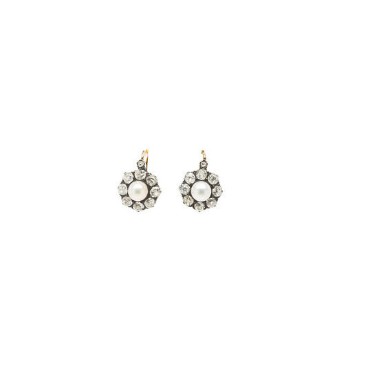 , Antique Natural Pearl + Mine Cut Diamond Earrings