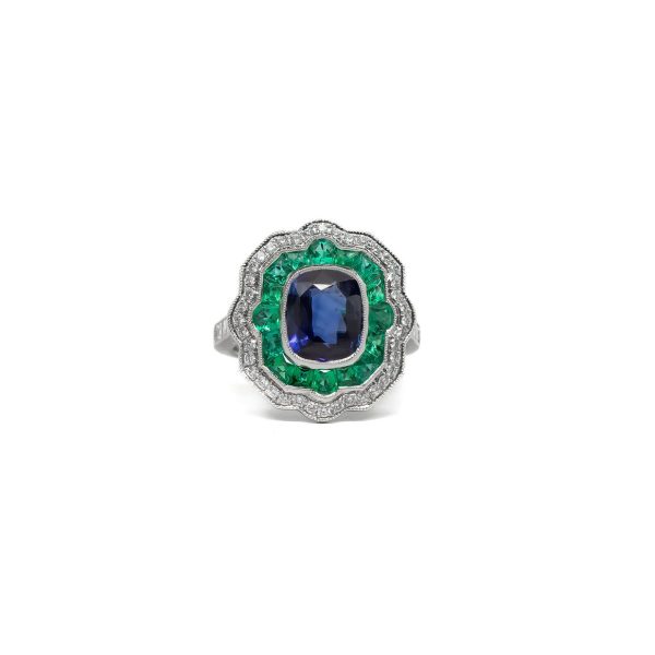 , Sapphire Emerald + Diamond Ring