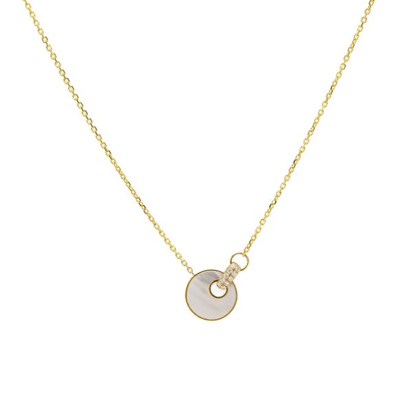 , Mother of Pearl + Diamond Yellow Gold Disc Necklace