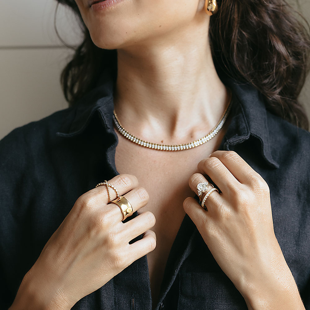 model wearing jewelry from Miriam's Jewelry